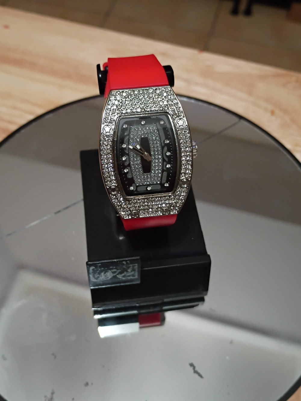 Crystal-Accented Watch with Red Silicone Band